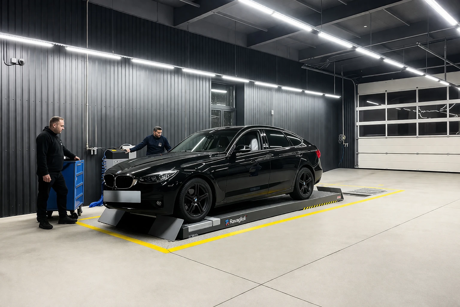 Современная мастерская с черным автомобилем